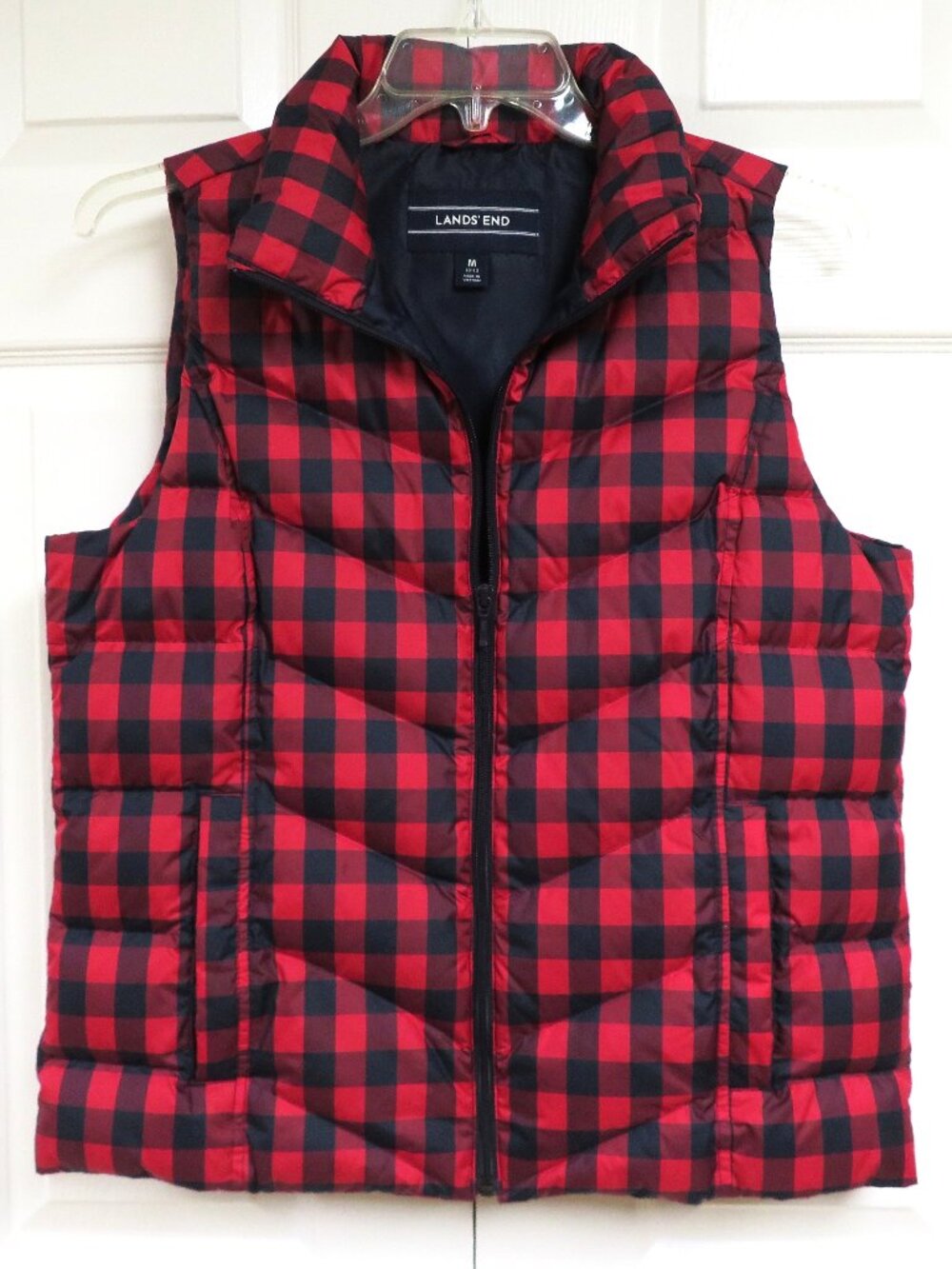 Lands' End Down Puffer Vest Red & Navy Buffalo Check Size M